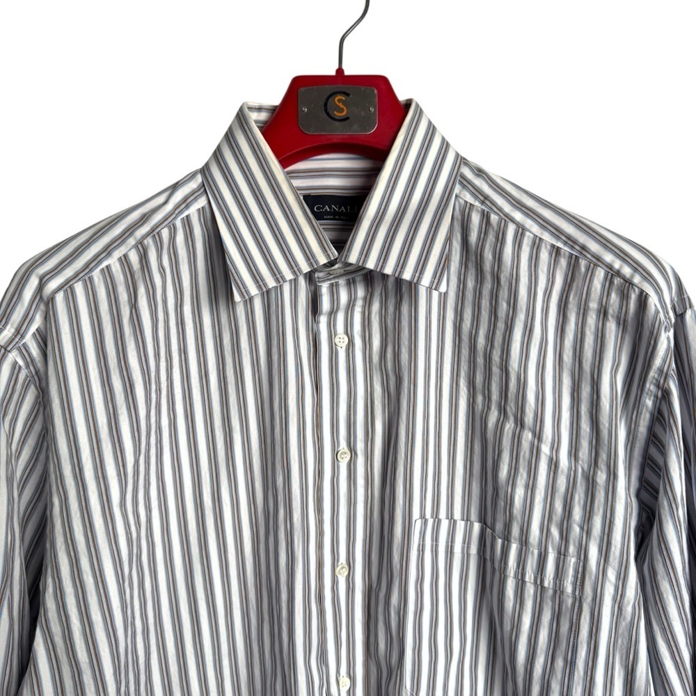 Canali Button Up Dress Shirt Mens Sz 44 EU 17.5 US Multicolor Striped Made Italy - Picture 2 of 11